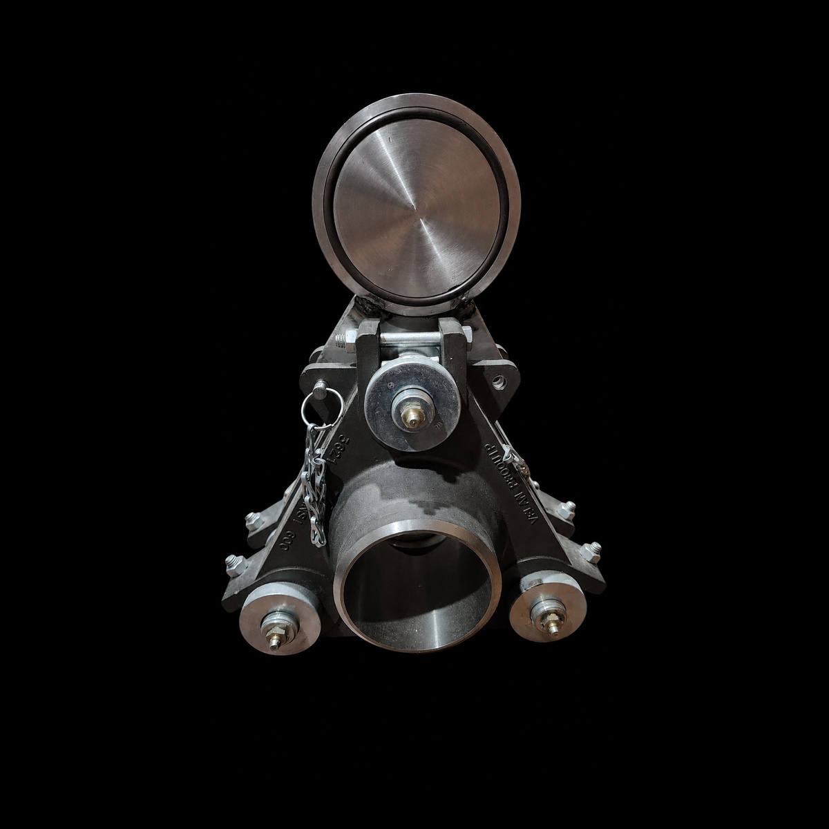 Pipe blind valve front opening view on black background
